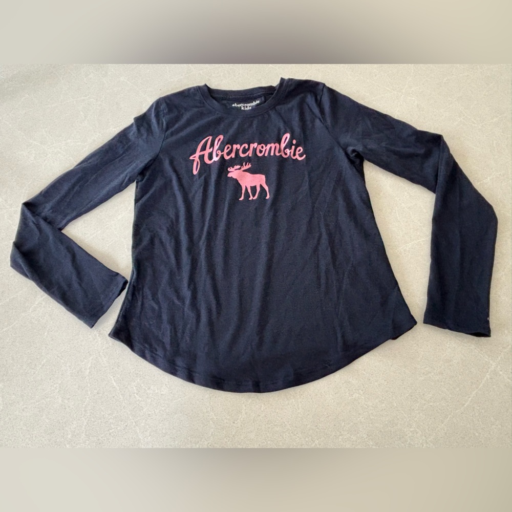 Abercrombie & Fitch Kids Long-Sleeve Logo Tee in Navy with Metallic Pink 11/12